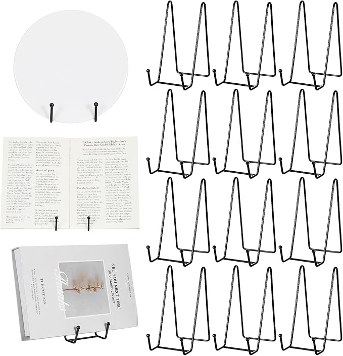 12 Pack 6 Inch Metal Plate Display Stands, Black Multi-Purpose Easel Stands for Photos/Books/Plaques/Artwork, Tabletop Holder