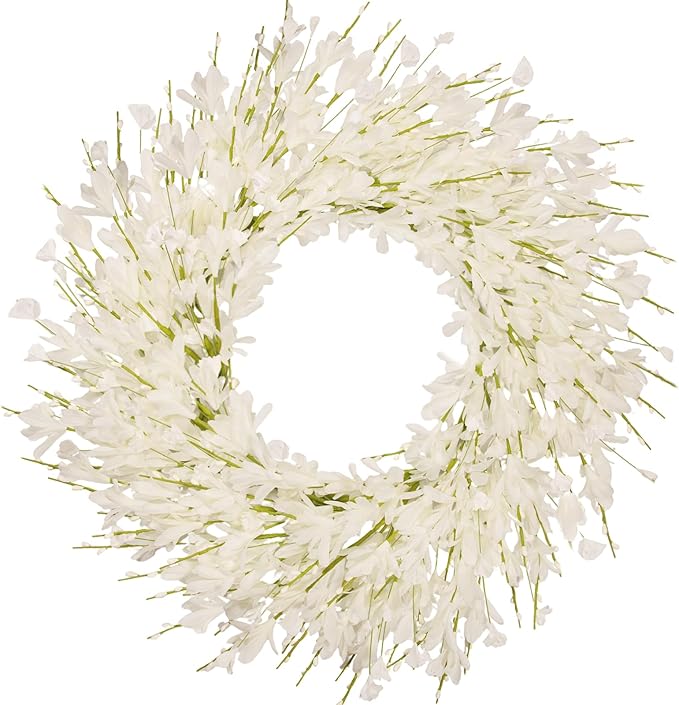 24 Inch Artificial White Forsythia Flower Wreath, Silk & Paper Bridal Floral Wreath for Front Door, Elegant Winter Wedding & Spring Summer Decor, All Season Farmhouse Porch Wall Decor