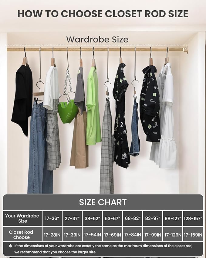 Closet Rods for Hanging Clothes, 17 to 99 Inches Stepless Adjustable Metal Closet Rod, 1.3 Inches Heavy Duty Clothes Hanging Rod for Closet Wardrobes Laundry RV(Wood Grain)