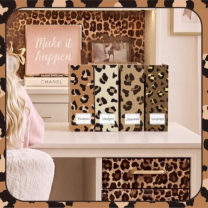 AmazingSpark Set of 4 Leopard Print Magazine Holder Decorative Foldable Magazine Storage Boxes with Acrylic Label Holders Coquettish Boho Organizer for Office Home Organization Storage