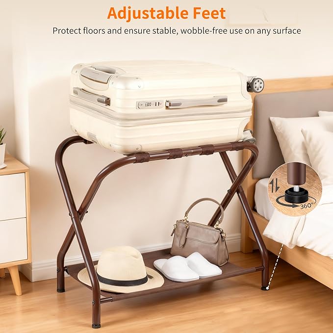 Heybly Luggage Rack for Guest Room, Pack of 2, Steel Folding Suitcase Stand with Storage Shelf for Bedroom, Hotel, Foldable Steel Frame, Guest Room 26.2" L x 14.4" W x 20.5" H, Brown HLR004Z2