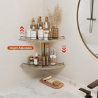 JJL Corner Shelf Wall Mounted, 12 Inches 2-Tier Floating Corner Shelf, Fan-Shaped Rustic Wood Decor with Fence, Gray Wood Grain Floating Shelves for Apartment Bedroom Kitchen Bathroom