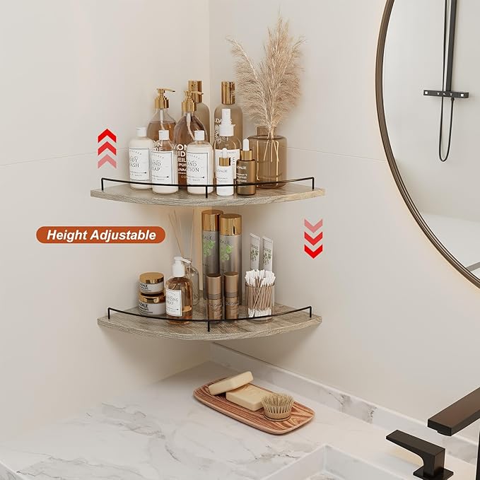 JJL Corner Shelf Wall Mounted, 12 Inches 2-Tier Floating Corner Shelf, Fan-Shaped Rustic Wood Decor with Fence, Gray Wood Grain Floating Shelves for Apartment Bedroom Kitchen Bathroom