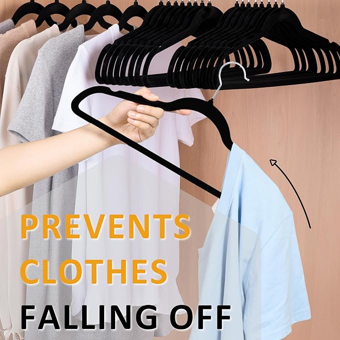 ELONG HOME Velvet Hangers, 50 Pack Black Slim Felt Hangers with 360 Swivel Hook, Non-Slip, Heavy Duty for Coats, Pants & Dresses