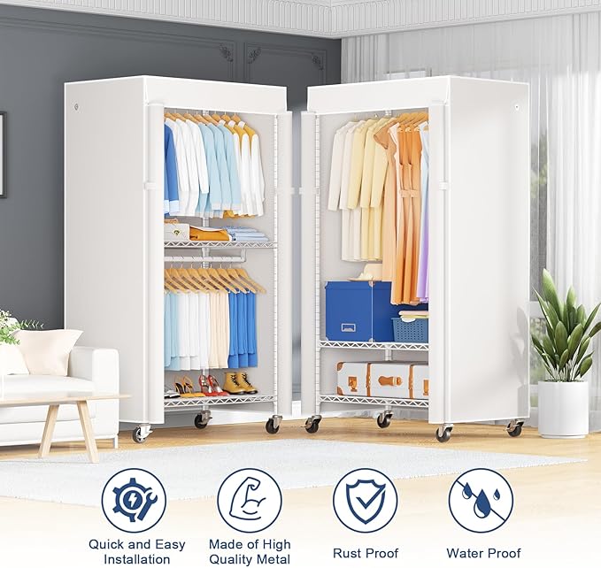 P8C Heavy Duty Clothes Rack（With Extended Width Design） Rolling Clothing Racks for Hanging Clothes with Lockable Wheels，31.5" W x 15.8" D x 80.5" H，Max Load 600LBS，White Rack with White Cover
