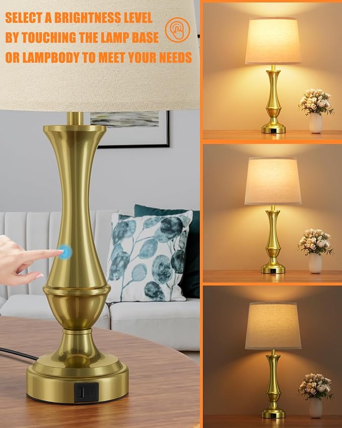 Seealle Upgraded Touch Lamps for Night Stands Set of 2 - Bedside Lamps with USB C+A, 3 Way Dimmable for Bedroom Living Room End Tables Office (Gold)
