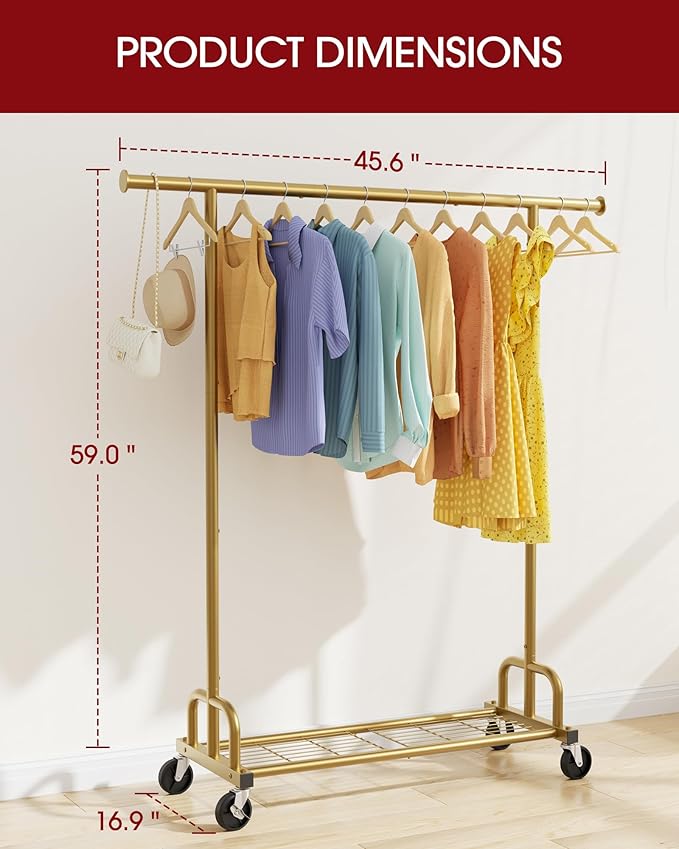 Clothes Rack - Large-Capacity Clothing Racks for Hanging Clothes with Lockable Wheels, Space-Saving Metal Coat Rack for Bedroom, Laundry Room, Entryway, 45.6" x 16.9" x 59", Gold