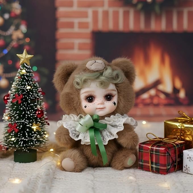 8 Inch Hand-Painted Porcelain Face Doll with Plush ＆ Acrylic Cotton Body, Mini Kawaii High-Color Makeup Ceramic Doll for Room Decor, Birthday Gifts, Collectible ，Name Kira (Brown)