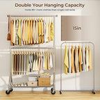 Heavy Duty Clothes Rack, Double Rod Clothing Rack for Hanging Clothes, Rolling Garment Rack, Adjustable Freestanding Wardrobe Closet Coat Rack for Bedroom Laundry Living Room, Silver