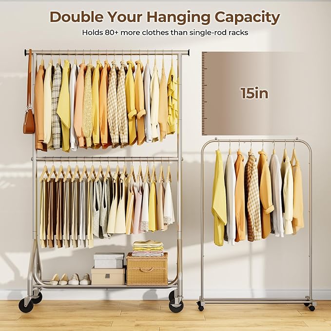 Heavy Duty Clothes Rack, Double Rod Clothing Rack for Hanging Clothes, Rolling Garment Rack, Adjustable Freestanding Wardrobe Closet Coat Rack for Bedroom Laundry Living Room, Silver