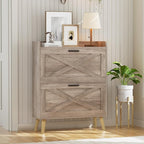 32" W Farmhouse Shoe Storage Cabinet with 2 Flip Drawers and Barn Door Design, Adjustable Shelves, Modern Hidden Slim Narrow Shoe Rack Cabinet for Entryway, Foyer, Hallway, Living Room, Greige