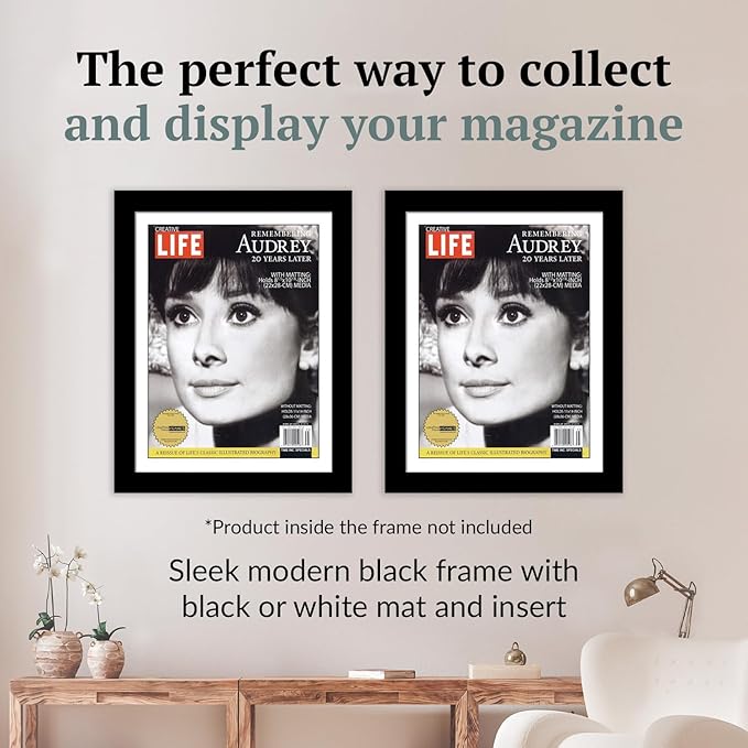 Creative Picture Frames 8.5 x 10.87 Magazine Frame with Full-Strength Glass, Holds Up To A 1/4" Thick Media with Installed Hangers for Easy Mounting, 11x14 Manhattan Black Frame with White Mat