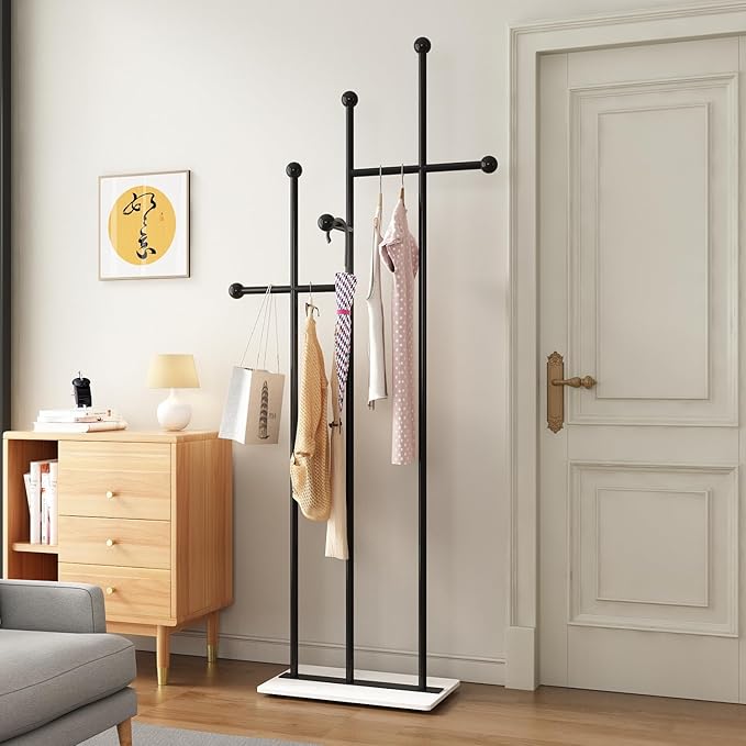 Modern Coat Racks with Marble Base Heavy Duty Clothes Rack Metal Coat Tree for Clothes Hats Scarfs Totes-19.7''L, BLACK
