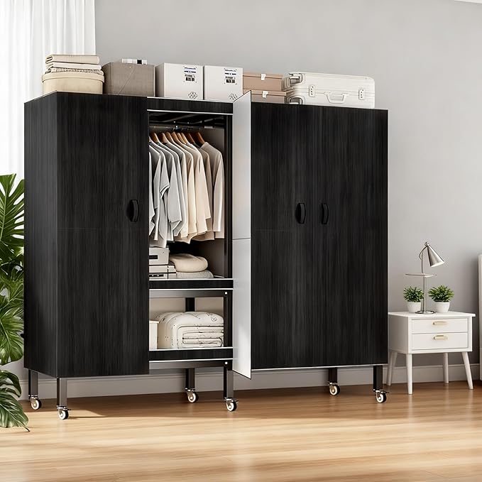 Heavy Duty Portable Closet with Cover Magnetic Doors, Metal Rolling Clothes Rack Heavy Duty 1500LBS, Foldable Clothing Rack, Garment Racks for Bedroom/ LivingRoom/ Rental (KT-WoodgrainBlack, 70.86in)