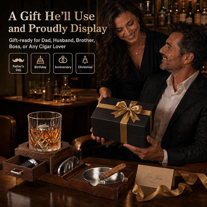 Cigar Ashtrays, Whiskey Glass Tray and Wooden Ash Tray Detachable Outdoor Ashtray for Cigarettes, Gift Set with Cigar Cutter, Great Decor for Home Office Gifts for Men