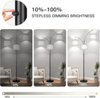 Dimmable Floor Lamp, 3 Lights Black Arc Floor Lamp, Modern Tall Standing Tree Lamp with Grey Linen Shades & Heavy Base, 3000LM LED Bulbs, Bright Lighting for Living Room, Bedroom, Office & Reading