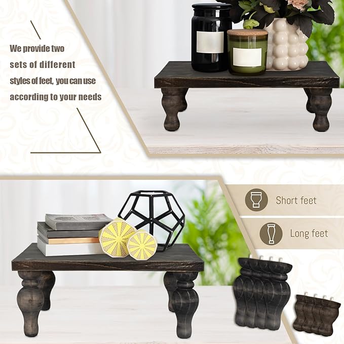 MAONAME Decorative Wooden Display Riser, Farmhouse Wood Pedestal Stand for Display, Rustic Washed Black Tray Riser for Kitchen, Home Table Decor, Short and Tall Footed
