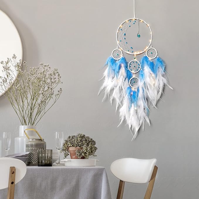 KHOYIME LED Light Up Dream Catcher Half Circle Moon Decor with Lights Handmade Feather Dreamcatchers for Bedroom Bohemian Home Decor Wedding Ornament Craft Gift for Girls Boys (Blue)