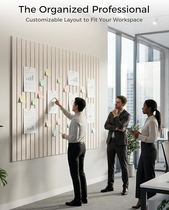 Aothia 12-Pack Felt Bulletin Board Tiles 48"x36", Modular Pin Board for Smooth Walls, Cork Board Alternative for Notes & Photos, 0.35" Thick, 70 Adhesive Tabs & 40 Pins, Oatmeal
