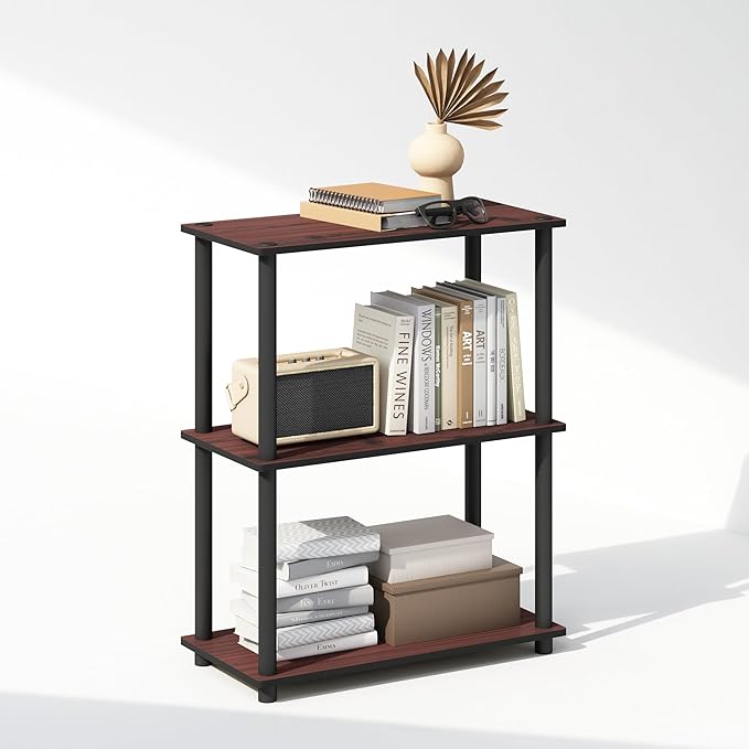 Furinno Turn-N-Tube Book Shelf, 3-Tier Bookshelf, Bookcase with Multipurpose Compact Display Rack, 11.6 x 23.6 x 29.6, for Living Room, Bedroom, Home Office, Dark Cherry