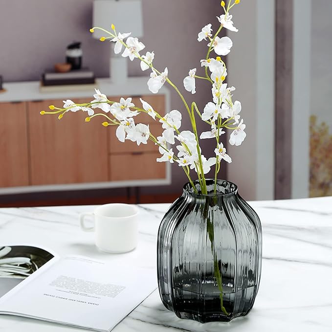 Black Grey Glass Vase for Flowers,Dark Grey Bud Tall Glass Vases,H-8.0" Simple Striped Design for Home Floor Decor,Farmhouse Decor, Centerpiece Coffee Table Decorations