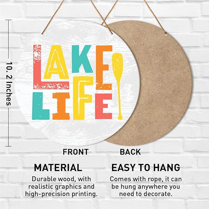 Lake House Wall Decor, Summer Country Lake Round Hanging Sign Decor Lake Life Wall Decorations Farmhouse Wood Sign for Home, Front Door, Porch, Housewarming Gift for Lake House Lake Lover