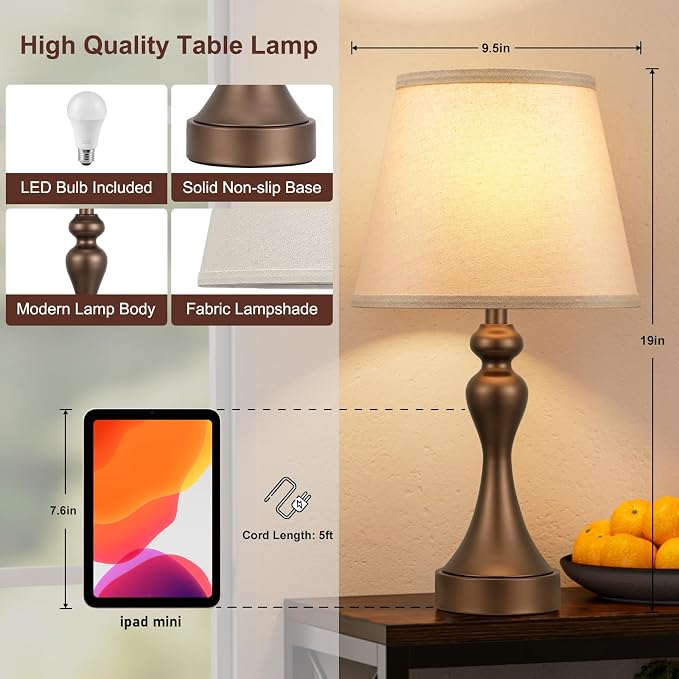 Seealle Touch Lamps for Nightstand - Bedside Lamps Set of 2, 3 Way Dimmable, USB C+A for Bedroom & End Tables (Brown&Oat)