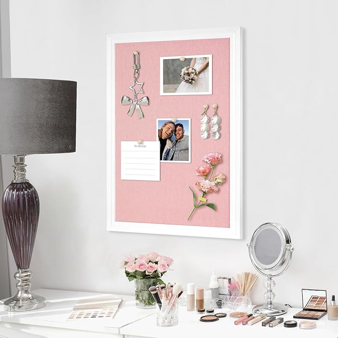 DOLLAR BOSS Bulletin Board with Linen 24'' x 18'' White Framed Cork Boards for Walls, Photo Display Pin Board, Decorative Corkboard for Office Home School Girls Dorm Decor with 10 Pushpins, Pink