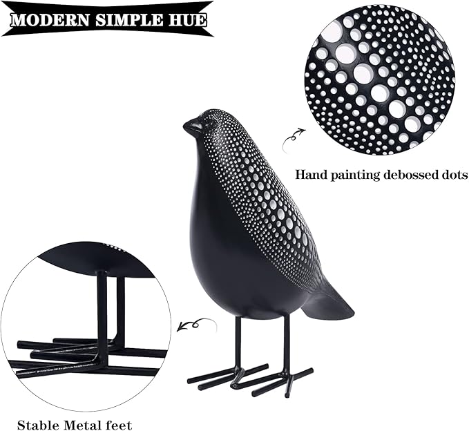 Quoowiit Sculptures Home Decor, Bird Figurine Shelf Decor, Modern Decorations for Living Room, Bedroom, Office, House, Resin Animal Statues and Figurine with Chic Polka Dots Art Design (Black)
