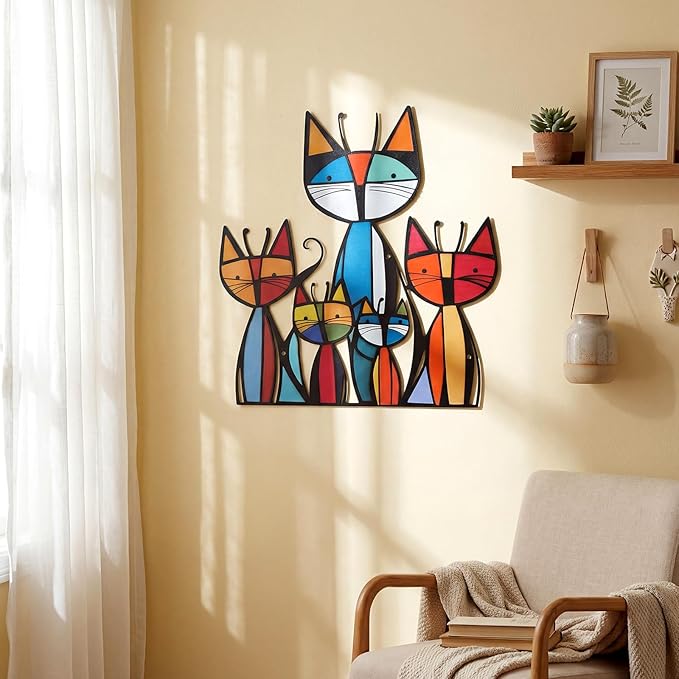 Wesiti Cat Wall Art Decor Iron Wall Sculptures Decor for Cats Lover 10.2 x 11.8 Inches Colorful Mid Century Cat Retro Signs for Home Living Room Bedroom Kitchen Office(Trendy)