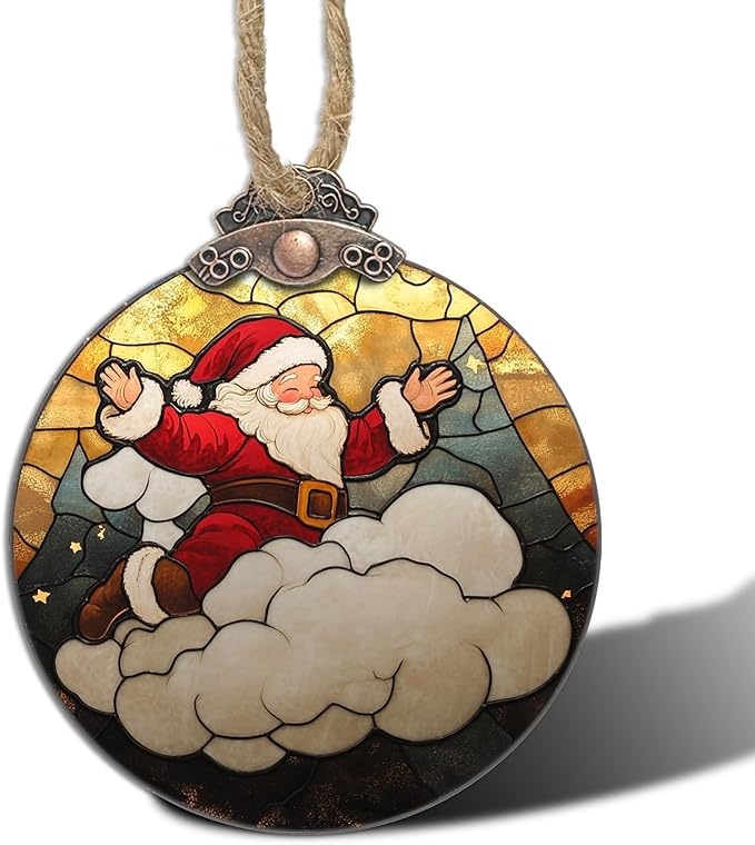 DASTOLL Stained Glass Christmas Decorations, Santa Claus On The Cloud Suncatcher for Window Christmas Tree Hanging Ornaments Cute Sun Catcher Xmas Decor Gifts for Women Men Mom Nana Friend