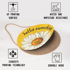Spring Summer Daisy Flower Front Door Sign Hello Sunshine Floral Wood Door Hanger Outdoor Outside Porch Decor Seasonal Wooden Wreath Farmhouse Indoor Wall Hanging Decoration for House 12"x12"