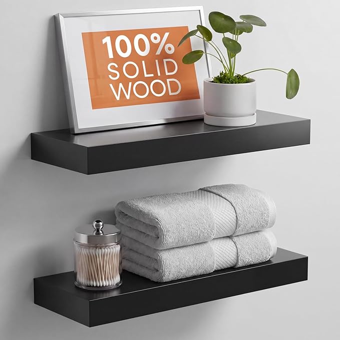 Homeforia Black Floating Shelf 18 inch, High End Solid Real Wood 18inch Bathroom Floating Shelves for Wall Mounted, Black Wooden 18in Floating Shelves, Heavy Duty Bracket, 18 X 6.5 X 1.75 in, Set of 4
