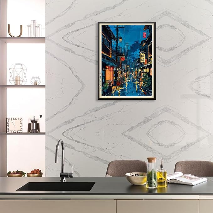 Podafu Japanese Tokyo Tea House Canvas Wall Art - Modern Ukiyo-e Decor - Black Framed - 10L" x 8W" - Bedroom & Living Room