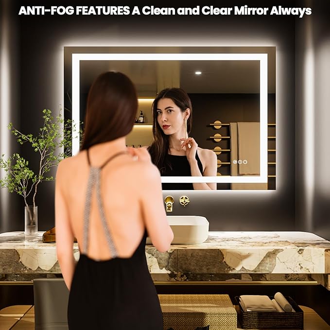 LOAAO 50"x36" LED Bathroom Mirror with Lights, Anti-Fog, Dimmable, Backlit + Front Lit, Lighted Bathroom Vanity Mirror for Wall, Memory Function
