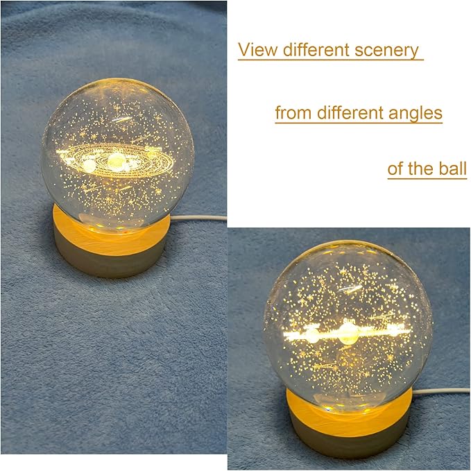 3.15" (80mm) Solar System Crystal Ball 3D Sun System Planets Model Globe with Wooden Base Home Decorative Ornament Astronomy Gifts for Lover Girlfriend