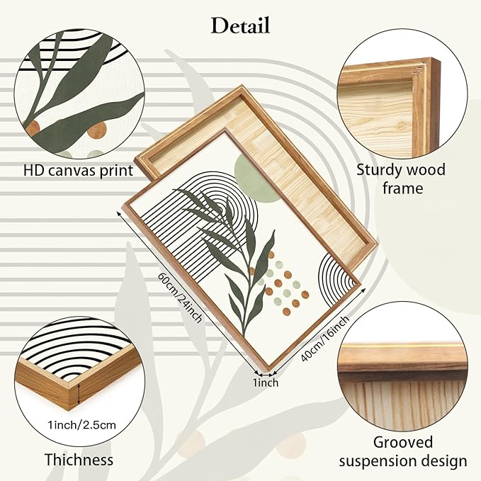 KAlRNE Sage Green Boho Beige Framed Canvas Wall Art Set of 3(16”X24”),Abstract Geometric Line Leaf Wall Decor,Botanical Minimalist Neutral Art Prints For Living Room Bedroom Office