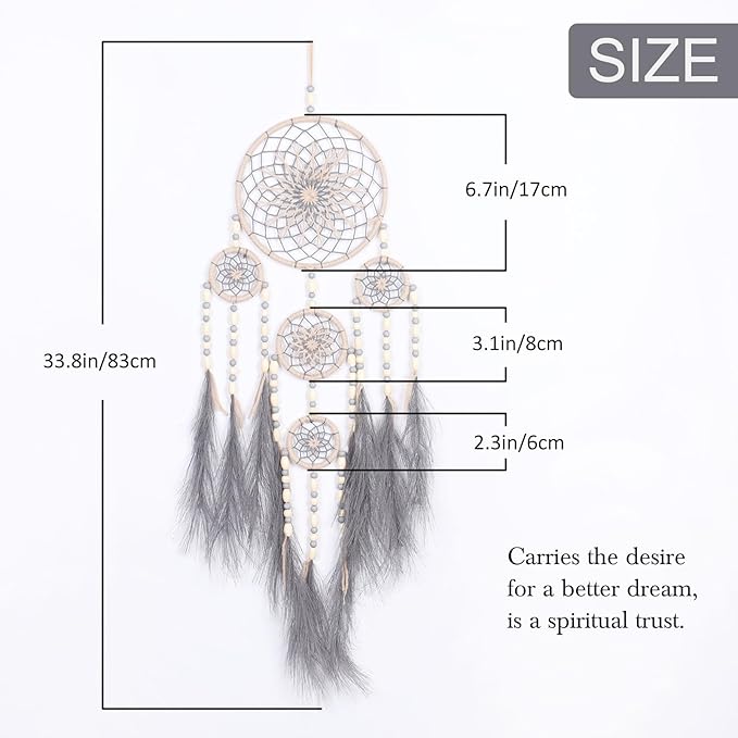 Pretty Jolly Grey Pampas Grass Dream Catchers Wall Decor with Handmade Large Native Americans Witch Dreamcatcher with Wood Beads for Adults Bedroom Wedding Garden Bless Birthday Gift-5 Rings