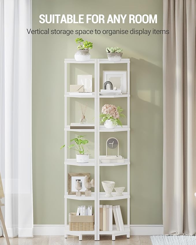 Hzuaneri Corner Shelf Stand, Corner Bookshelf, Storage Standing Shelf Unit with Metal Frame, Plant Stand, Bookcase for Living Room, Home Office, Bedroom, 6-Tier White CS06013W