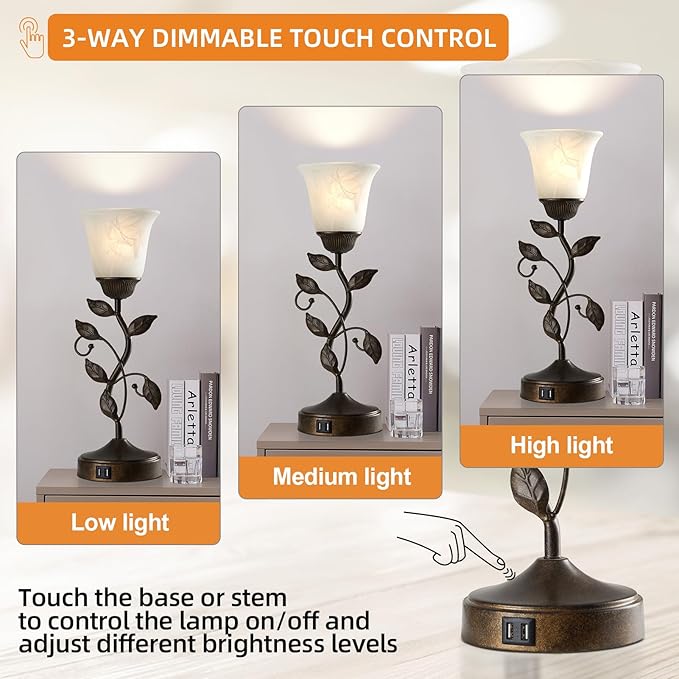 Touch Bedside Table Lamp, Vintage Nightstand Lamp with 2 USB Ports for Living Room, 3 Way Dimmable Leaf Lamp Retro Table Lamp for Bedroom with White Glass Shade, LED Bulb Included