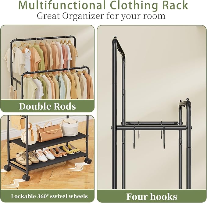 Simple Trending Clothes Rack, Rolling Clothing Rack With Shelves Load 450 LBS, Double Rod Clothing Racks with Wheels for Hanging Clothes, Black