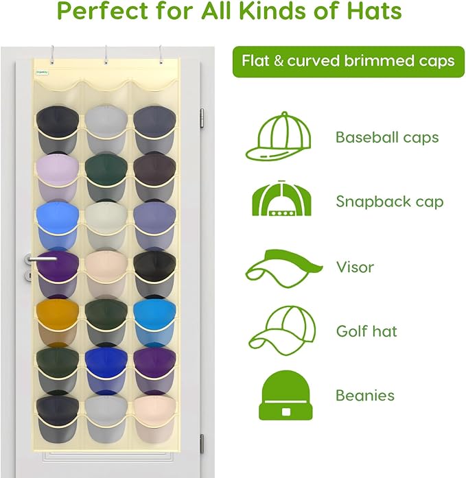 Unjumbly Baseball Hat Rack, 24 Pocket Over-The-Door Hat Organizer with Clear Deep Pockets to Display Baseball Caps Collection, Complete with 3 Over Door Hooks (Beige, 24 Pockets)