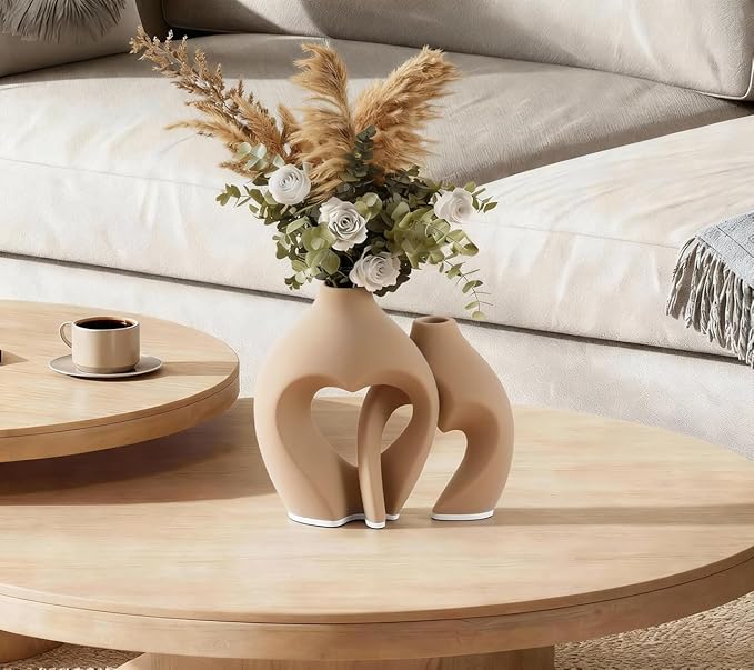 Brown Vases for Decor, Heart Shaped Ceramic Vase Set of 2, Nordic Heart Shaped Vases, Minimalist Decorative Vase for Table Centerpiece Wedding Dining Living Room Office House Decoration