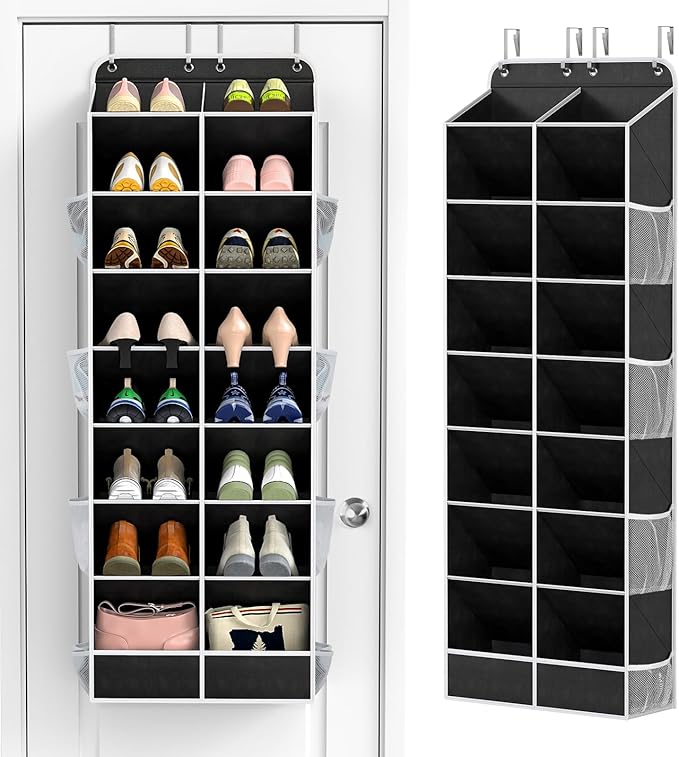 Yecaye 8 Tier Over the Door Shoe Organizer of Deep 16 Compartments, 50lbs Load Shoe Rack for Door in Oxford Holds 16-24 Pairs, Stain-Resistant Hanging Shoe Organizer for Closet, Black