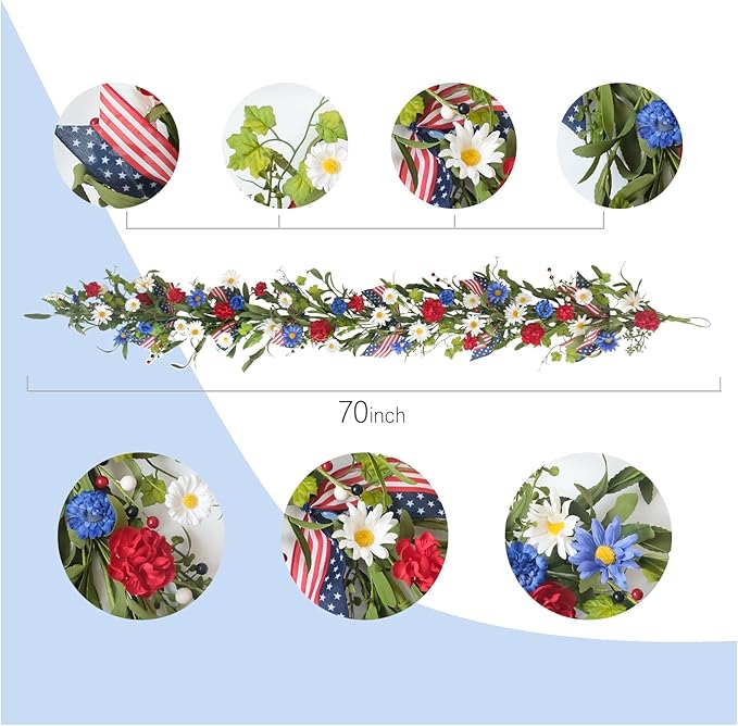 5.9Ft Artificial 4th of July Garland Wreath -Patriotic Garland with Red, White & Blue Daisies, Green Leaves, Berries & Flag Bow for Wall Table Independence Day Memorial Day Indoor/Outdoor