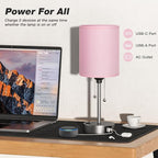 Dicoool Pink Bedroom Lamp for Bedside - 3 Color Temperatures Desk Lamp with USB C and A Ports, Pull Chain Table Lamp with AC Outlet, Nightstand Lamp with Silver Metal Base for Kids Girls
