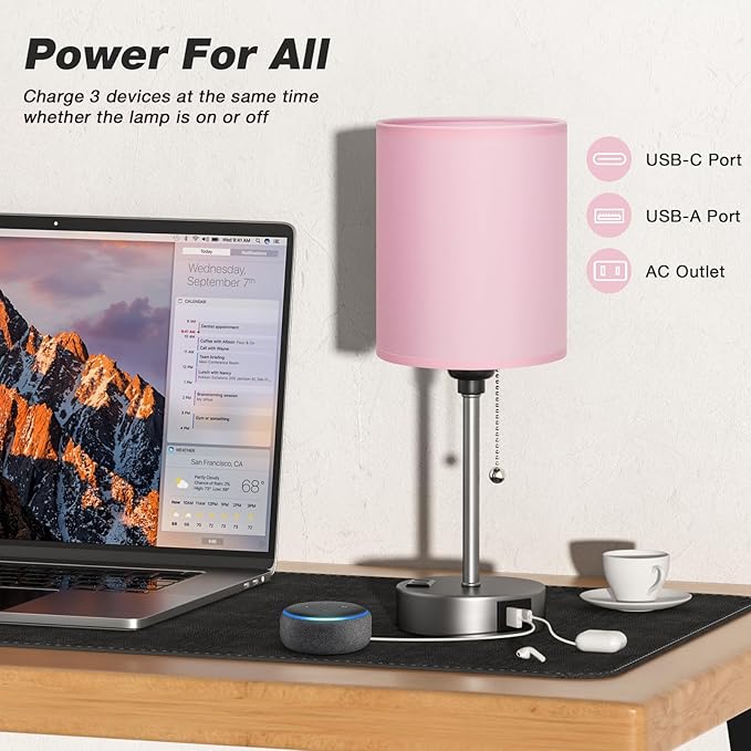 Dicoool Pink Bedroom Lamp for Bedside - 3 Color Temperatures Desk Lamp with USB C and A Ports, Pull Chain Table Lamp with AC Outlet, Nightstand Lamp with Silver Metal Base for Kids Girls