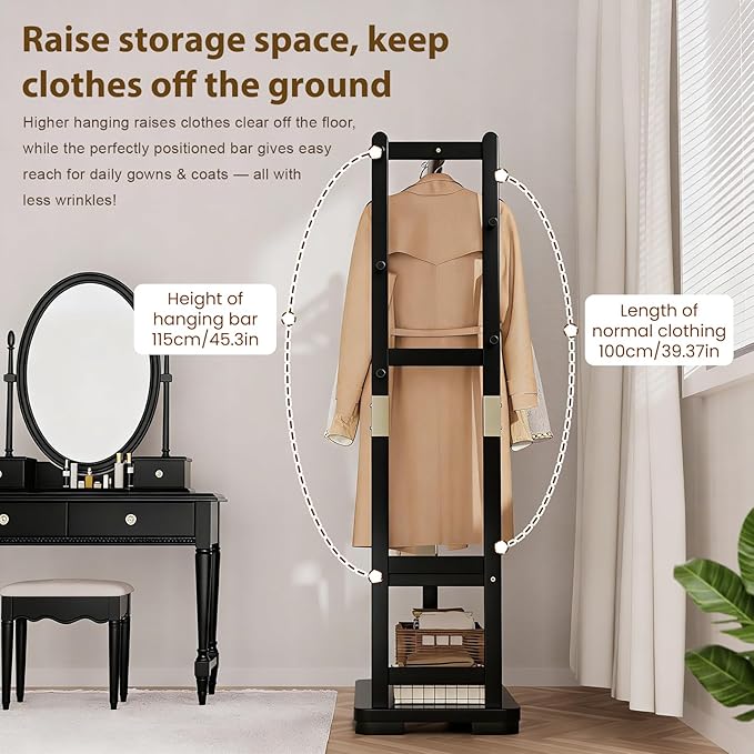 Solid Wood Clothes Rack with 2 Shelves & 4 Hooks for Hanging Clothes Garment Wallets Hats, Black Clothing Rack Heavy Duty Coat Rack Freestanding with Storage Hall Tree for Hallway Bedroom Living Room