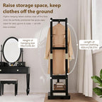 Solid Wood Clothes Rack with 2 Shelves & 4 Hooks for Hanging Clothes Garment Wallets Hats, Black Clothing Rack Heavy Duty Coat Rack Freestanding with Storage Hall Tree for Hallway Bedroom Living Room