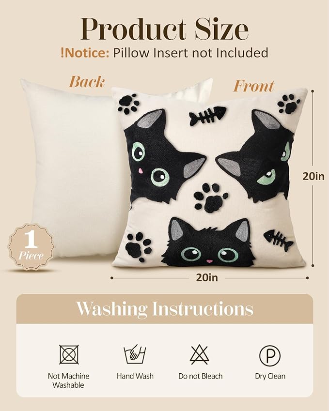 Embroidered Throw Pillow Cover 20x20 Inch - Spring Summer Boho Decorative Pillow Cover with Zipper for Living Room Couch Sofa Bed Aesthetic Design Cat Bone Cushion Pillowcase